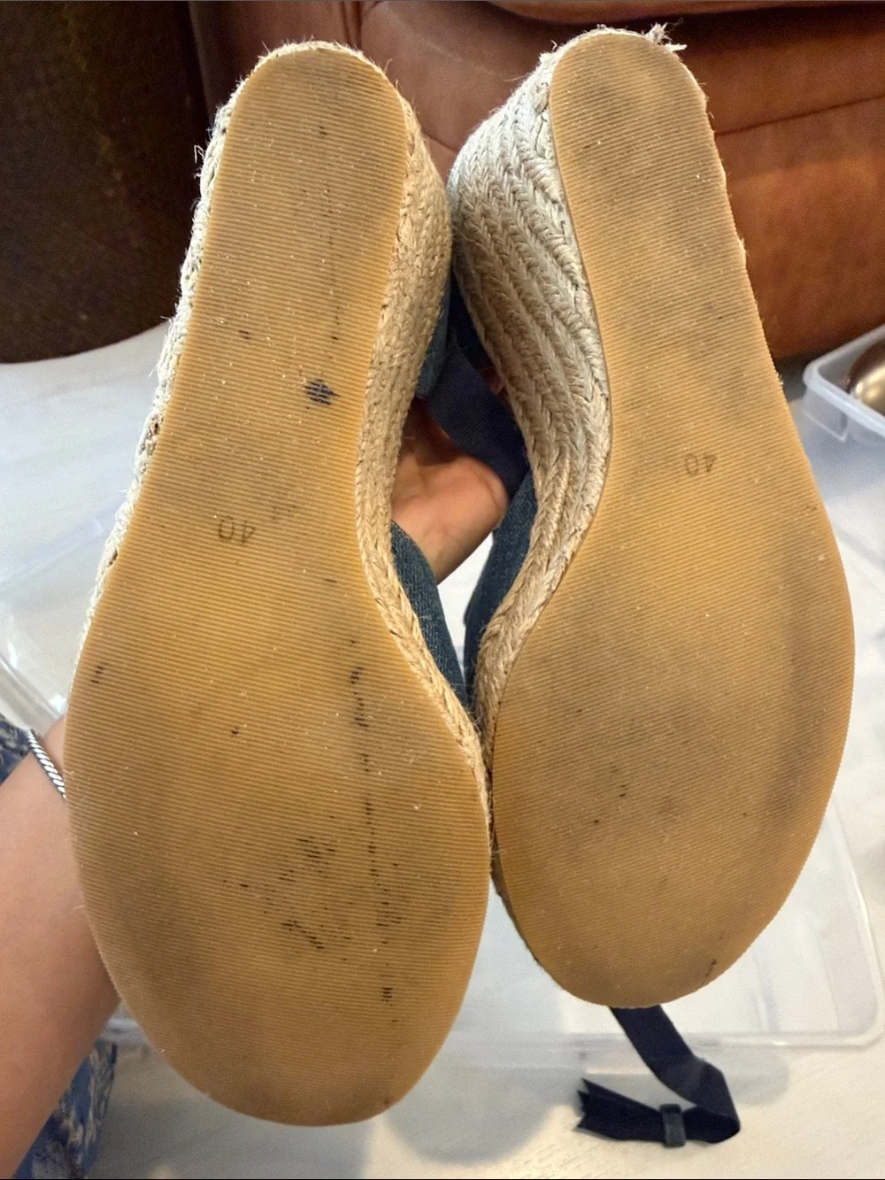 Denim Espadrille Wedge Sandals with Navy Ribbon Detail